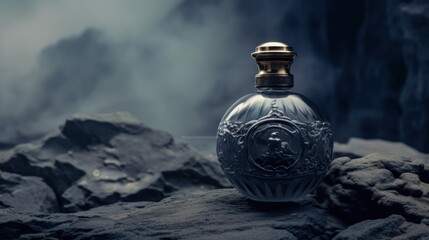 Elegant Perfume Bottle on Rocks with a Mystical Background