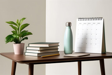 A blank desk calendar beside a glass of pens and a small potted plant, forming a clean and orderly workspace prompt