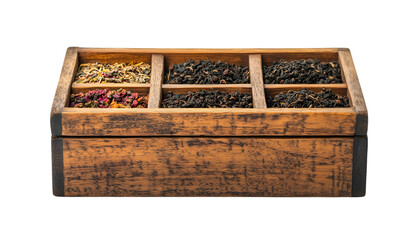 a wooden box with different kinds of spices


