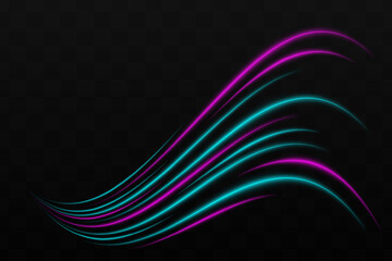 Curved purple, blue neon light effect isolated on dark background. Bright glowing neon stripes with lens flare. Graphical patch of reflected light. Abstract rays. Vector illustration.