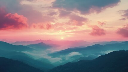 Fototapeta premium A Serene Sunset Over Misty Mountain Ranges