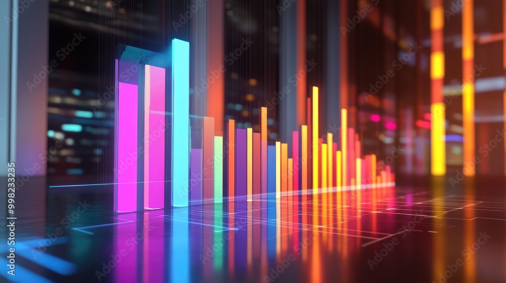 Poster a dynamic 3d bar graph displayed on a digital screen, showcasing vibrant colors and varying heights,