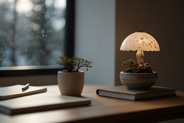 minimalist image of clean desk with tiny bonsai tree , snow glass house , cute lamp , pencil and new book