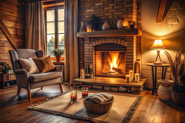 A cozy room in a country style with a burning fireplace, a soft armchair, atmospheric soft light and candles.