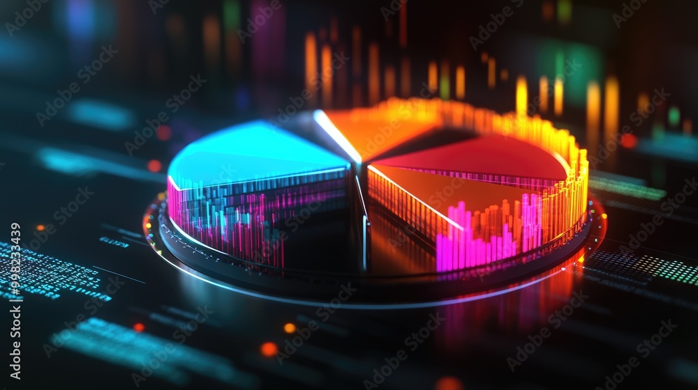 Aufkleber a dynamic 3d pie chart with glowing segments, illustrating various financial metrics, with depth and
