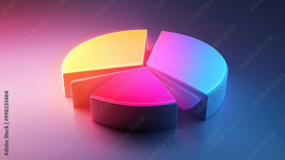 Poster a dynamic 3d pie chart with glowing segments, illustrating various financial metrics, with depth and