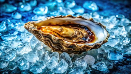 A freshly harvested oyster lies gracefully on a bed of ice, highlighting its exquisite natural beauty and unique texture, inviting an irresistible culinary experience.