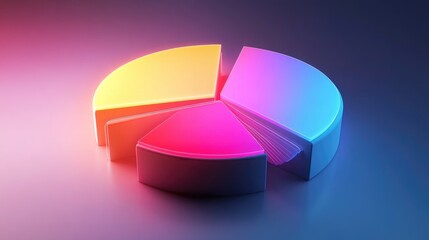 Obraz premium A dynamic 3D pie chart with glowing segments, illustrating various financial metrics, with depth and shadows for a realistic, high-impact presentation.