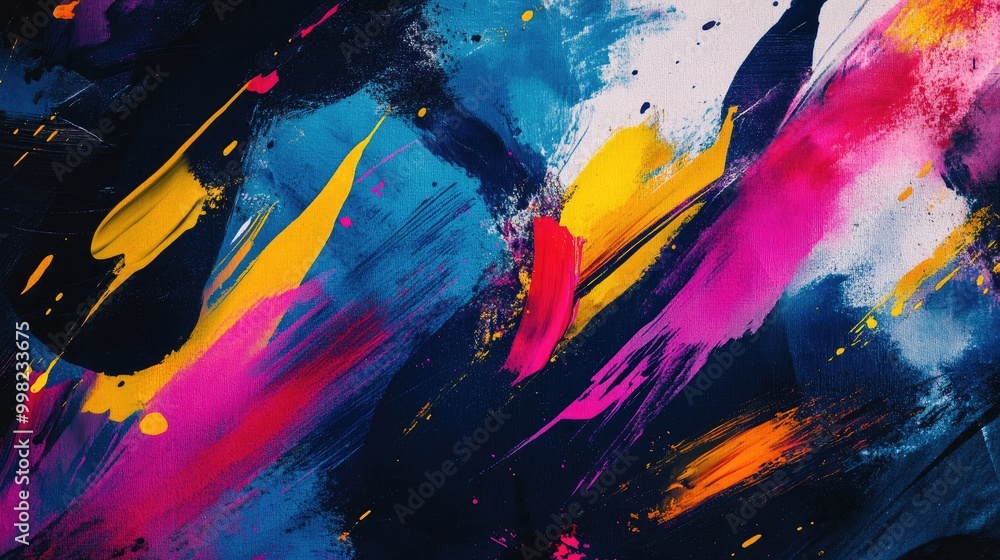 Poster a dynamic abstract background filled with bold brush strokes and splashes of color, creating a vibra