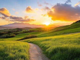 Fototapeta premium Golden sunrise over rolling green hills and a winding path in a tranquil landscape