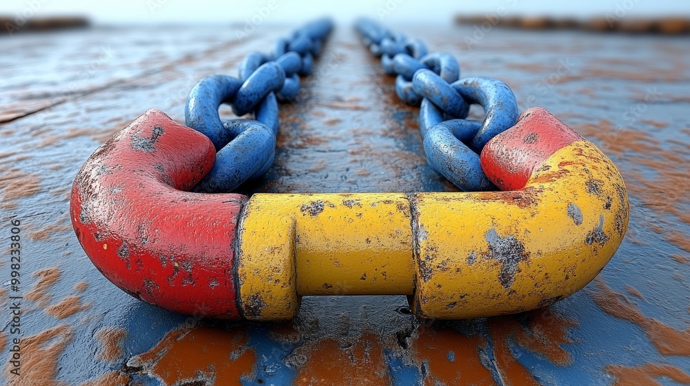 Poster a close-up view of a colorful industrial chain lying on a rusty surface, showcasing vivid colors and