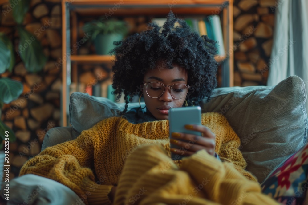 Poster a person relaxing at home, using their mobile device