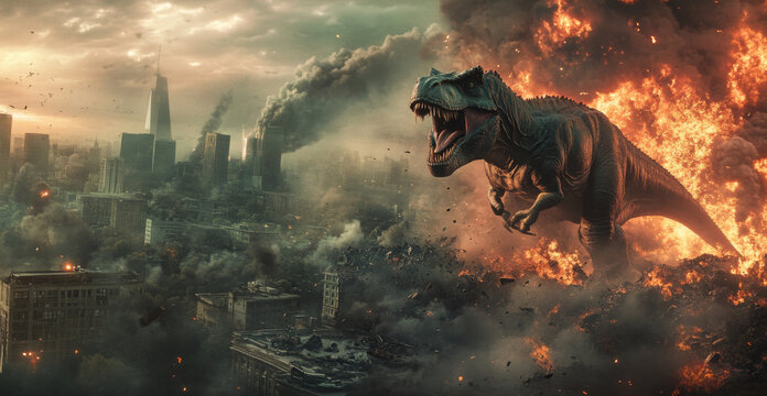 Apocalyptic scene of dinosaur destroying city 