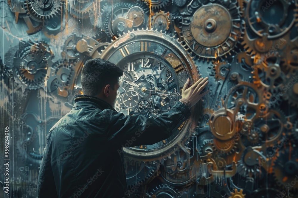 Poster a person stands in front of a large clock, with a sense of urgency and importance