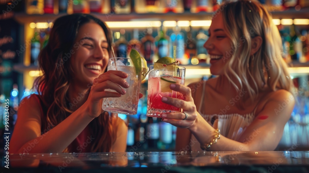 Poster two friends enjoying drinks and conversation at a modern bar