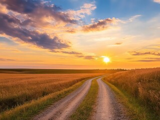 Fototapeta premium Tranquil dirt road winding through golden fields at sunset in rural countryside