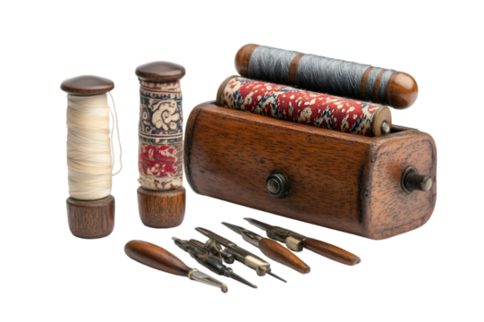 a wooden box with spools of thread and scissors

