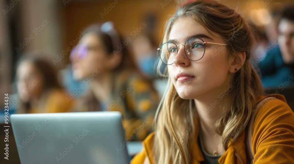 Poster a person sitting at a desk with a laptop open