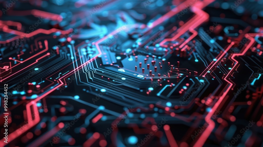 Aufkleber Close-up shot of a circuit board with red and blue lights, suitable for technology or electronics related contexts