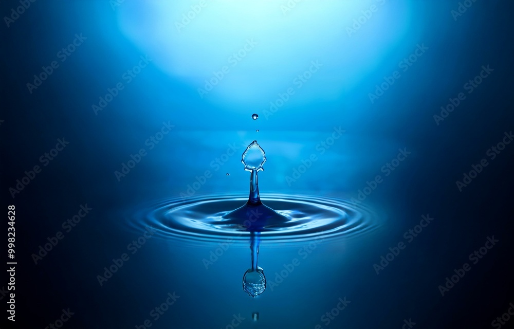 Aufkleber A single water drop falls into a still pool of water, creating a ripple effect. The backdrop is a gradient of blue hues.