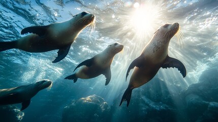 Obraz premium Graceful Sea Lions Swimming Through Sunlit Waters, Illuminating the Depths with Their Playful Movement and Joyful Spirits