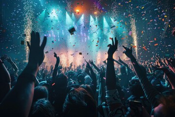 A group of people enjoying live music at a concert, hands raised in excitement