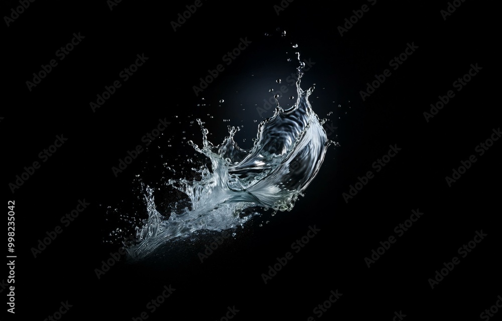Poster a water splash frozen in time against a dark background, showing the intricate details of the liquid