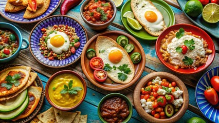 Fototapeta premium A beautiful display of colorful Mexican breakfast plates, featuring traditional dishes made from fresh ingredients, brings life and flavor to the morning table setting.