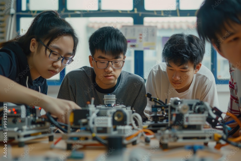 Poster People gather around a robotic device displayed on a table, observing and interacting with it