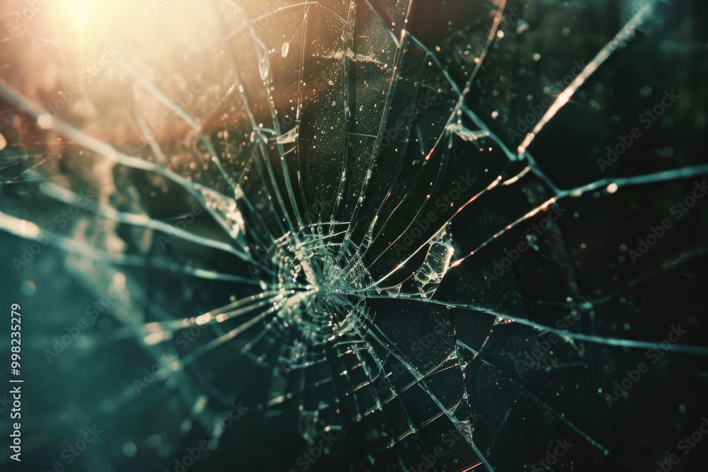 Poster A picture of a broken glass window with sunlight shining through, suitable for use in interior design or architecture contexts