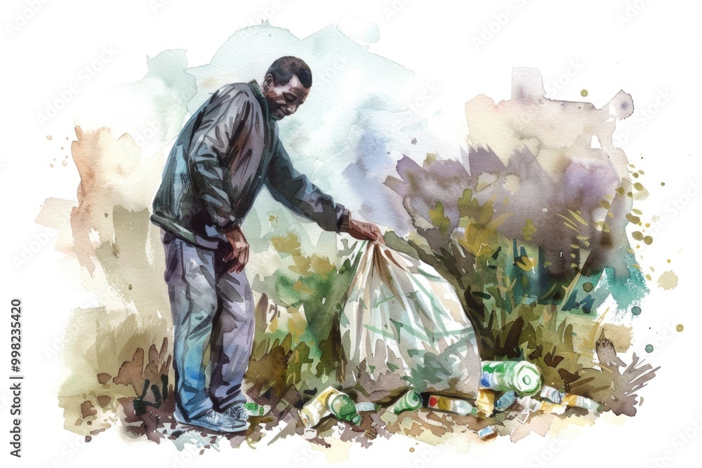 Poster a person collecting garbage from the ground, promoting cleanliness and environmental responsibility