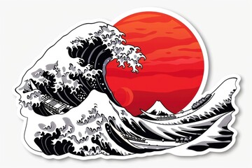 A sticker featuring a bright red sun setting behind a wavy pattern, perfect for decorating laptops or water bottles