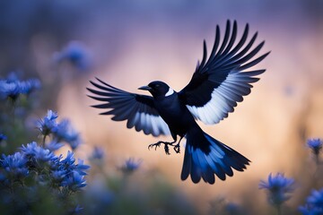 Fototapeta premium A magpie bird with deep blue flowers blooming from its back, AI Generated