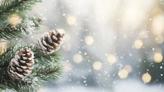 Softly focused snowy pinecones on a branch, with glowing golden bokeh lights in the background. The scene conveys a peaceful and cozy winter holiday feeling, blending nature with festive warmth.
