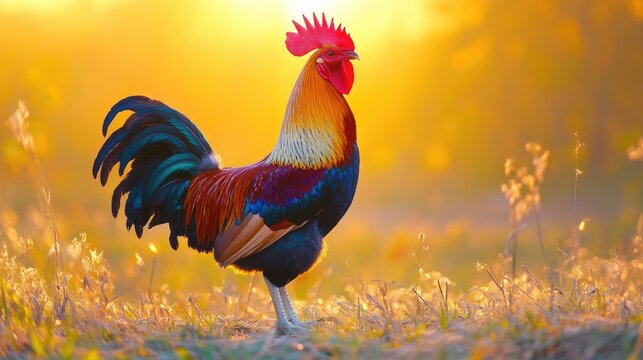 A fighting rooster standing in a rural field at sunrise, its vibrant plumage illuminated by the early morning light, representing tradition and natural beauty.