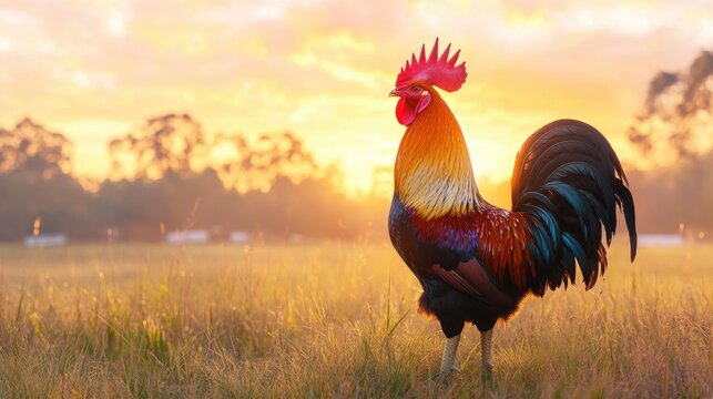 A fighting rooster standing in a rural field at sunrise, its vibrant plumage illuminated by the early morning light, representing tradition and natural beauty.