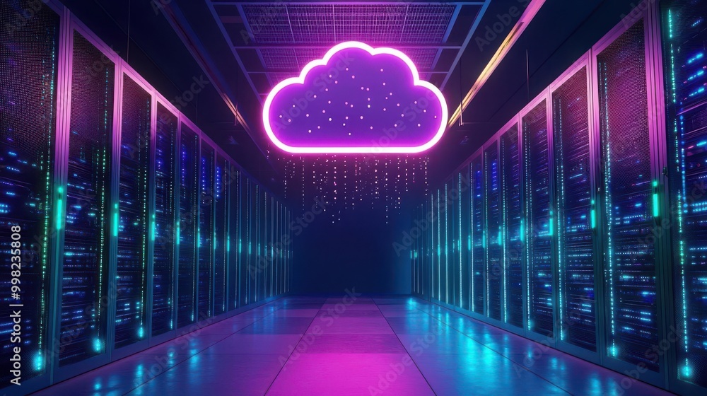 Poster a cloud-shaped data center with glowing servers representing the seamless power of cloud computing s