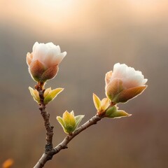 Delicate spring blossoms emerge from silky buds in a serene natural setting at dawn