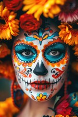 Naklejka premium A detailed view of someone's face with vibrant flowers painted on the skin, great for art-related concepts or beauty editorials