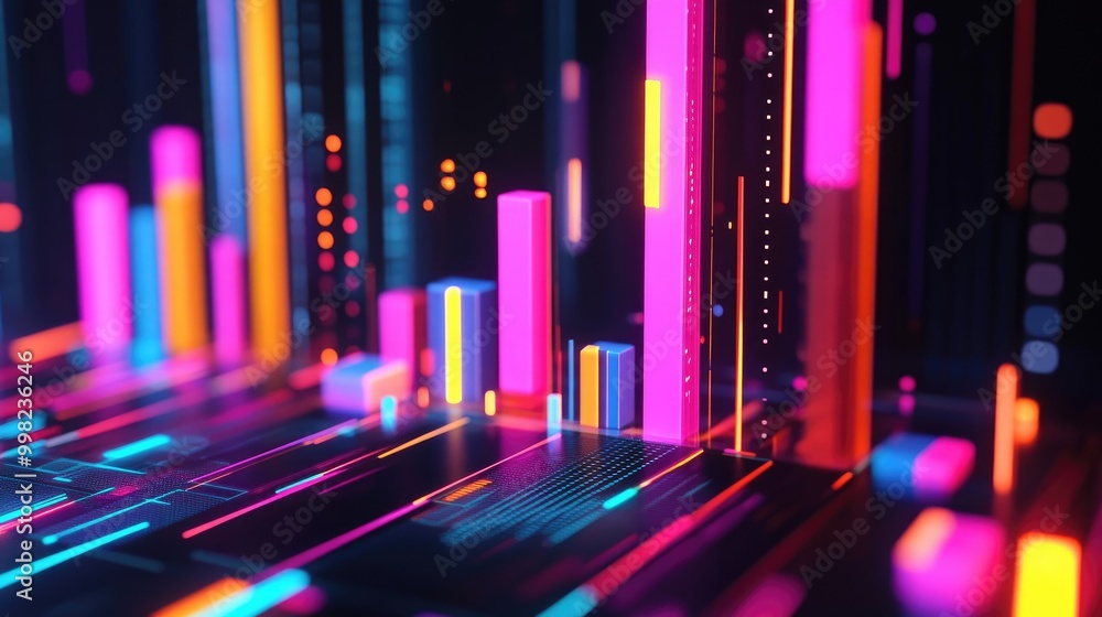 Poster a futuristic 3d bar graph with glowing edges and vibrant colors, set in a digital environment, repre