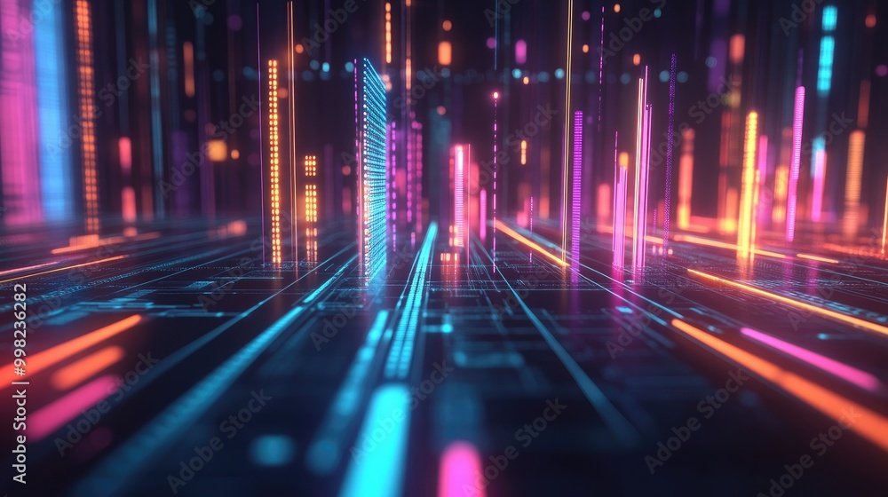 Poster a futuristic 3d bar graph with glowing edges and vibrant colors, set in a digital environment, repre
