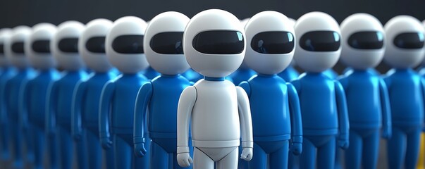 Fototapeta premium A group of stylized figures showcasing diversity in color and design, emphasizing uniqueness in a uniform setting.