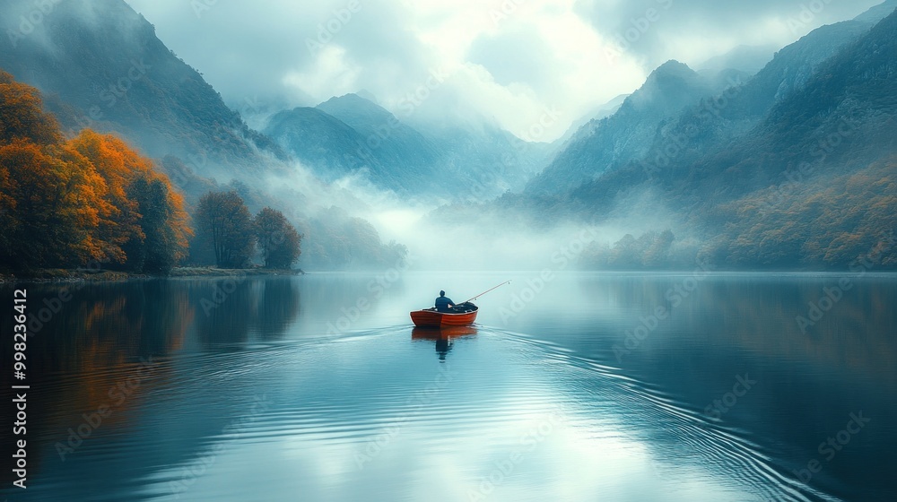 Sticker A lone fisherman rows a small boat across a misty mountain lake in the early morning.