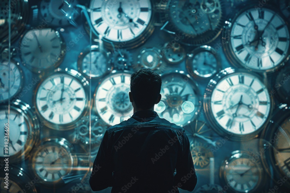 Poster a person stands before a wall covered in clocks, conveying a sense of urgency or time constraints