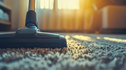 A Soft Glimpse: Light Dances on the Carpet as a Vacuum Cleaner Whirs in a Cozy Room, Creating a Peaceful Atmosphere of Cleanliness.