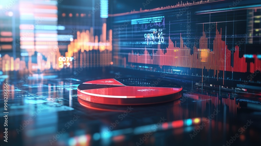 Poster a futuristic 3d pie chart with floating segments, representing the global financial market share, wi