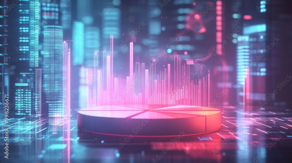 Poster a futuristic 3d pie chart with floating segments, representing the global financial market share, wi
