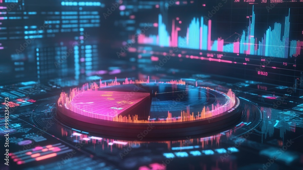 Poster a futuristic 3d pie chart with floating segments, representing the global financial market share, wi