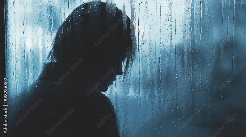 Poster a lone figure stands in reflection by a rain-soaked window, with raindrops streaming down the glass 