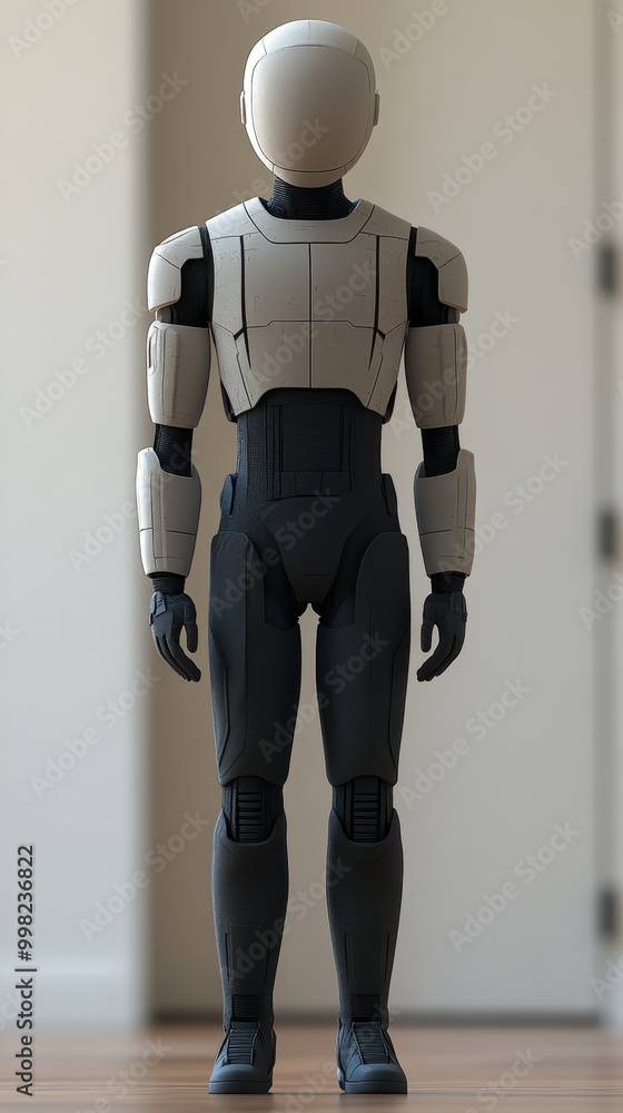 Poster a minimalist robot figure with a sleek design, showcasing modern robotics and artificial intelligenc